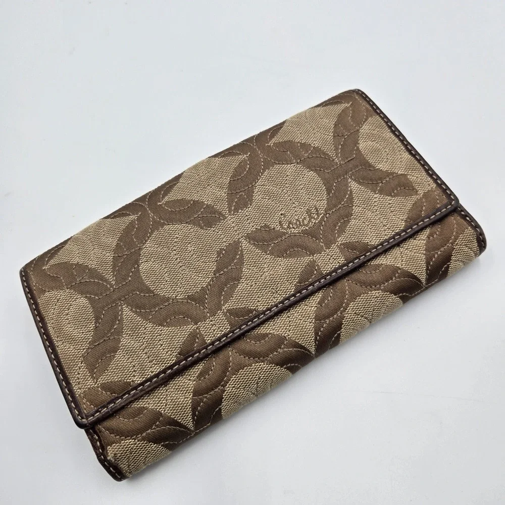 Y2K Coach Trifold Quilted Wallet Brown Canvas Clutch Signature Mono Credit Slots